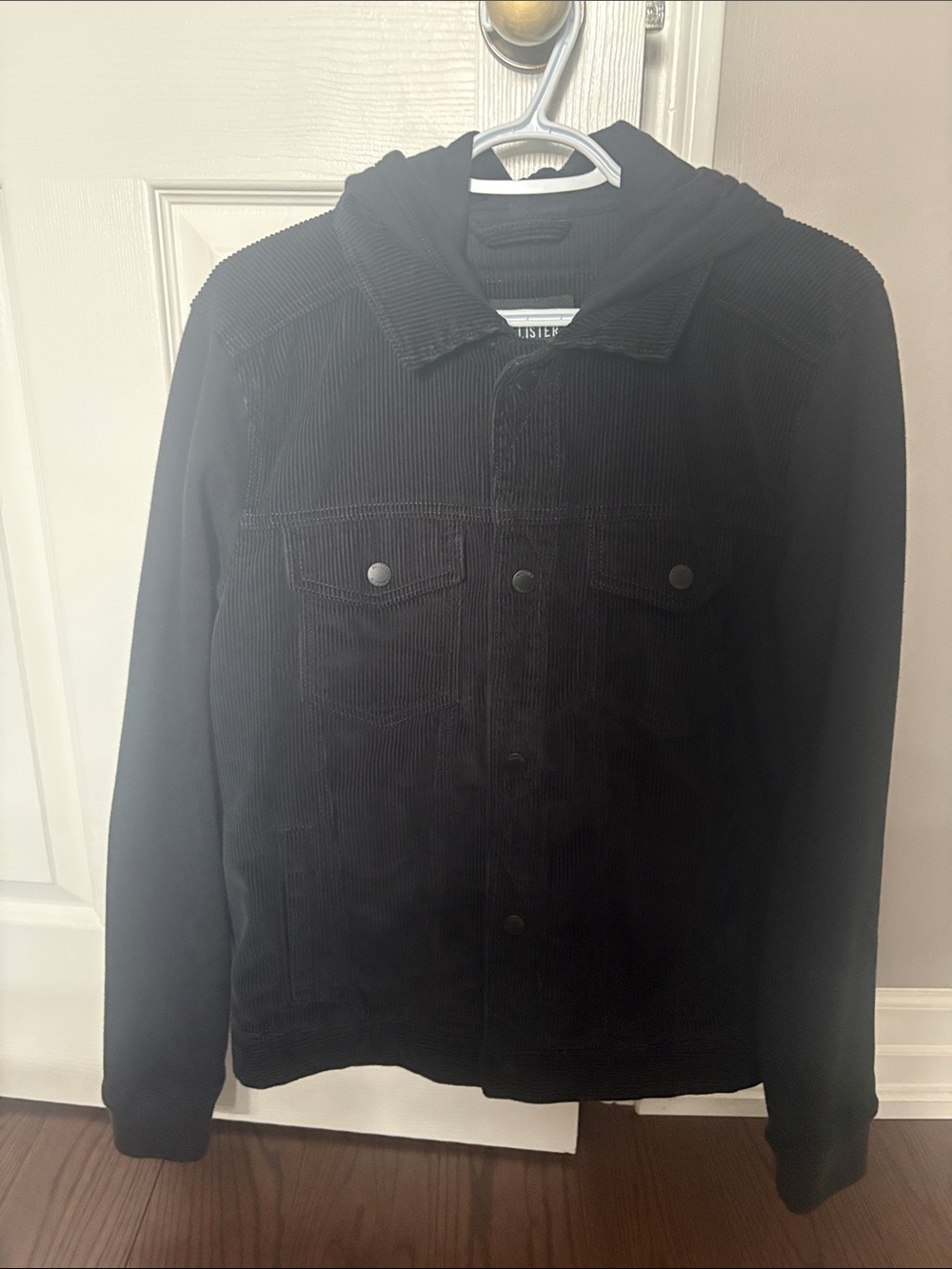 Men’s Hollister Black Corduroy Hooded Shirt Jacket with Smooth Sleeves